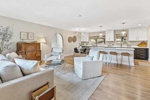 TV, fireplace, books