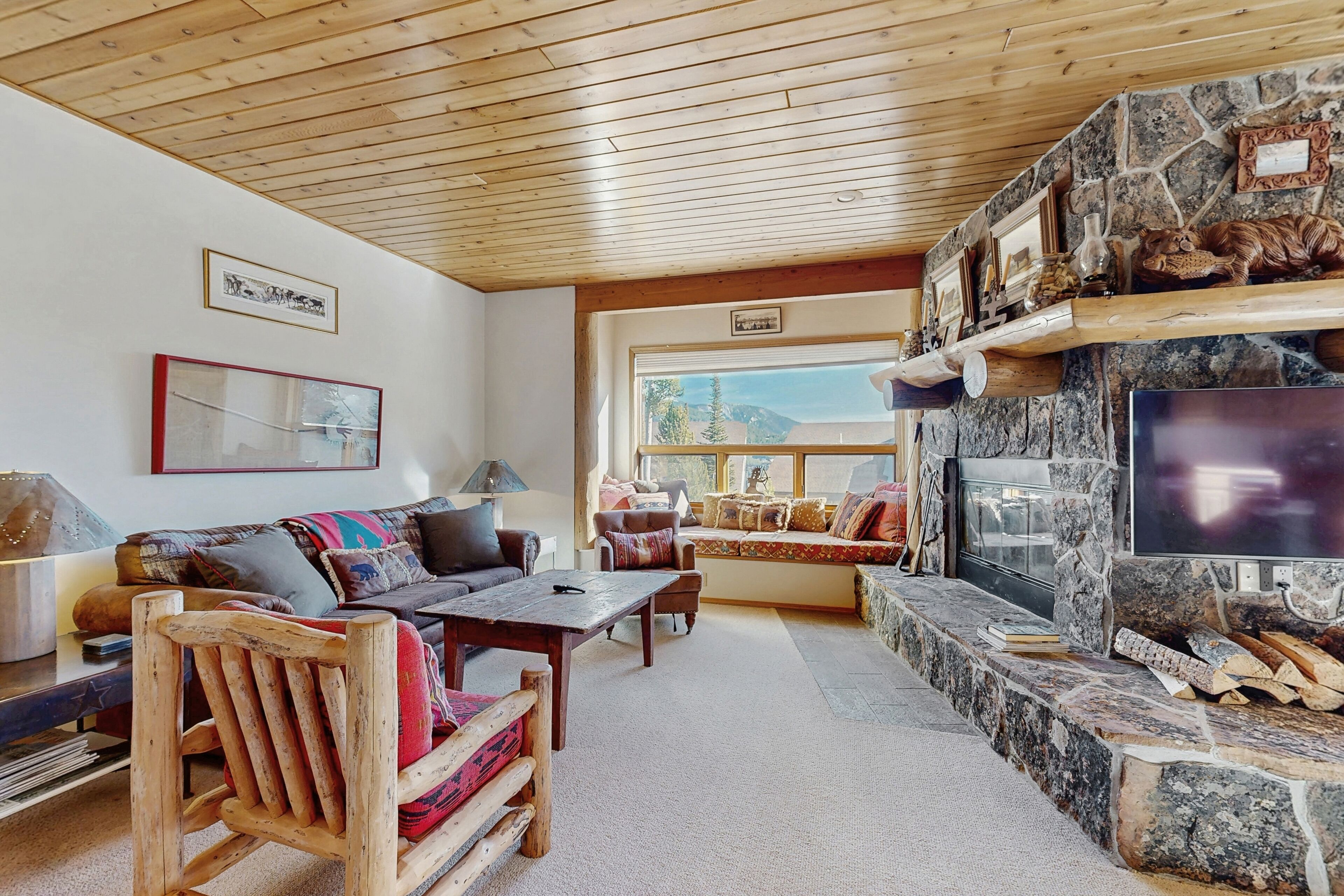 TV, fireplace, books, stereo