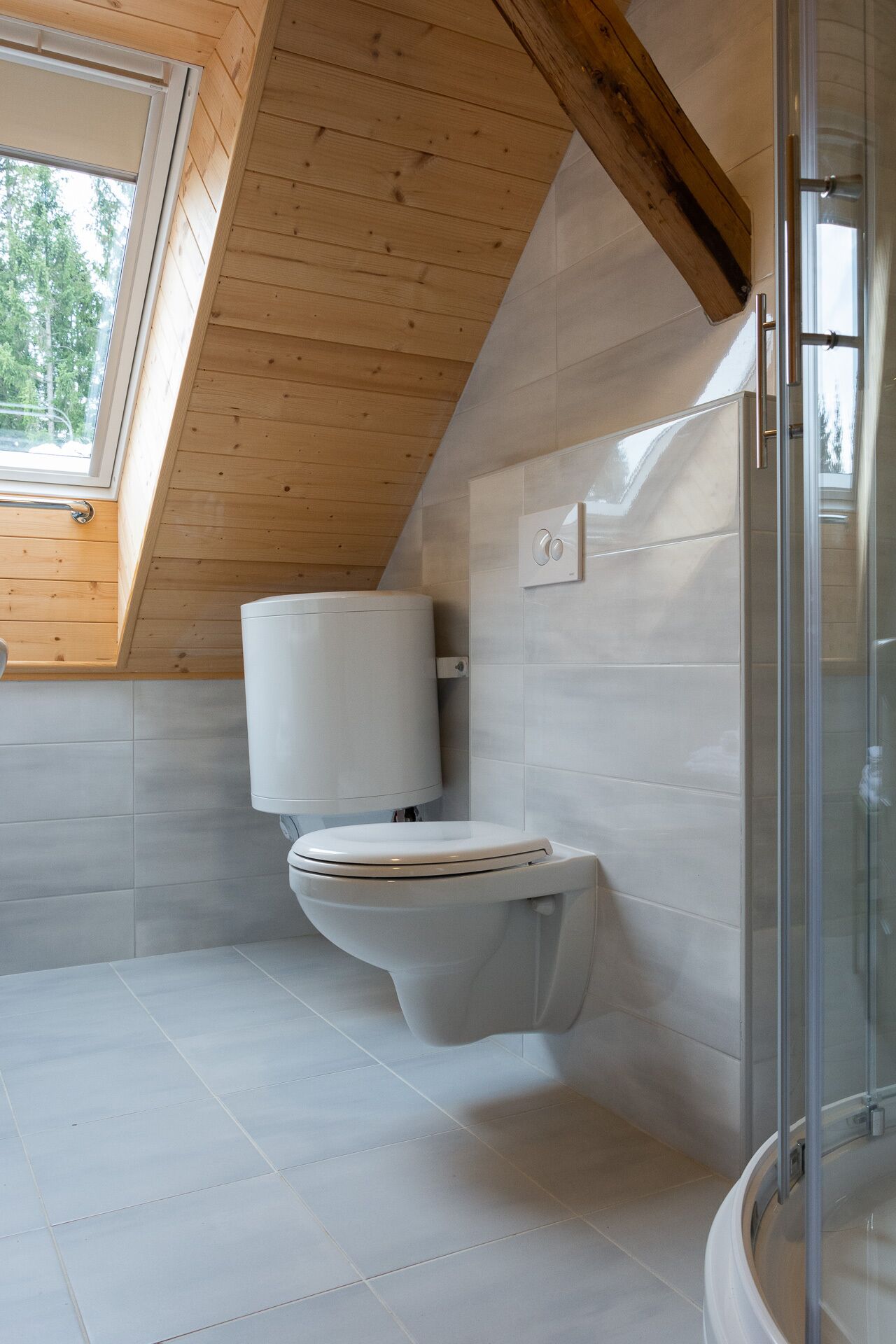 A modern bathroom with a sloped ceiling, a toilet, and a glass shower enclosure.