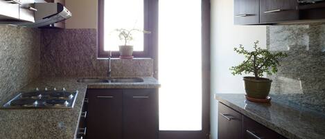 Une cuisine moderne dotée de plans de travail en granit, de meubles de rangement sombres, d’une cuisinière en acier inoxydable et d’une fenêtre offrant une vue agréable.
