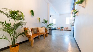 Un couloir avec un banc en bois, des plantes en pot et un sol en béton.