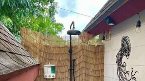 A small outdoor shower area with a bamboo fence, a wooden deck, and a wall with a mural. - Boho Bungalow! Guesthouse near Downtown & Beaches!  (St. Petersburg)