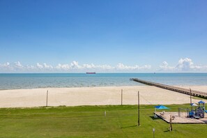 On the beach, sun loungers