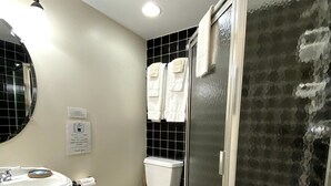 A bathroom with a white toilet, a sink, a mirror, and a shower with a glass door.