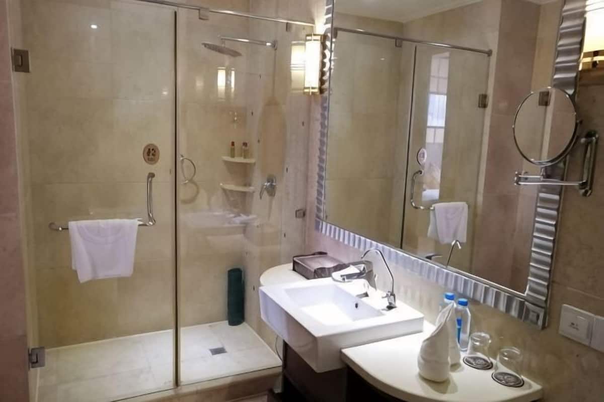 A modern bathroom with a glass-enclosed shower, a large mirror, and a sink with toiletries.