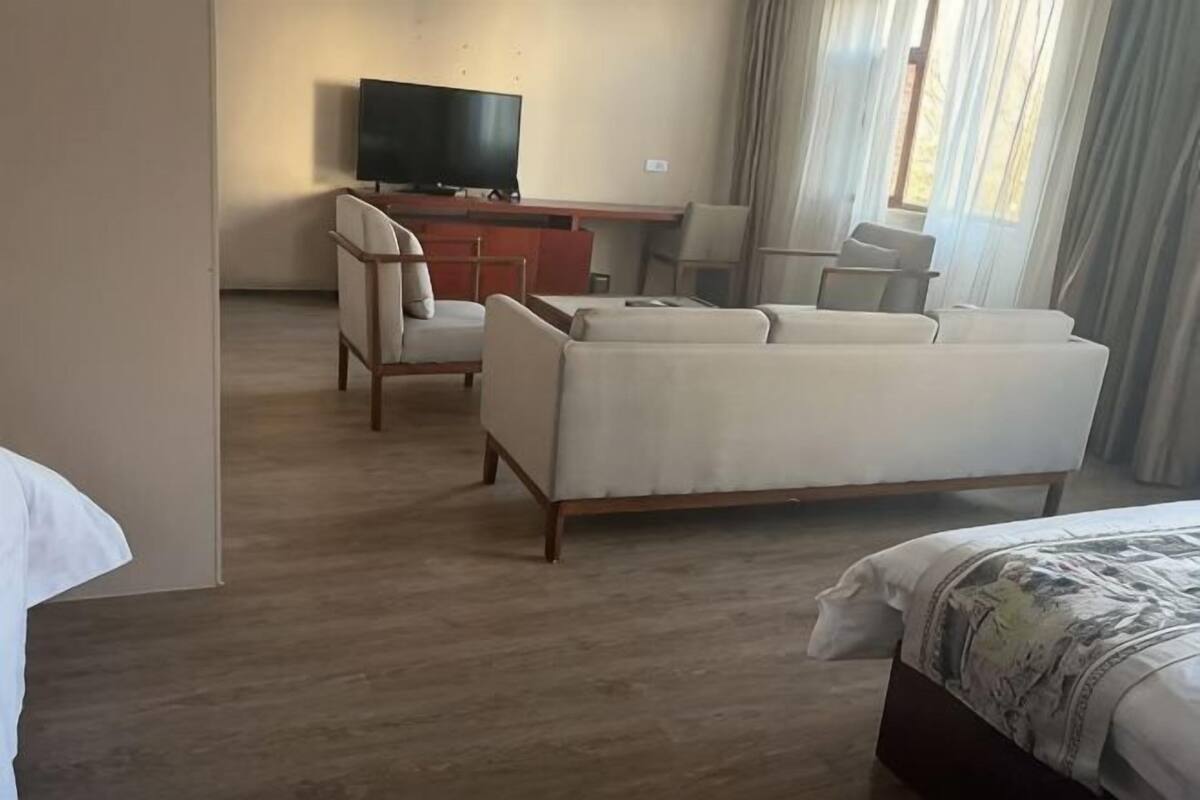 Une chambre d’hôtel comprenant un lit, un canapé, un bureau avec une télévision et une chaise.
