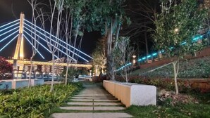 A nighttime view of a bridge with illuminated cables, a pathway lined with grass and plants, and trees. - Weishidun Hotel (Minqing)
