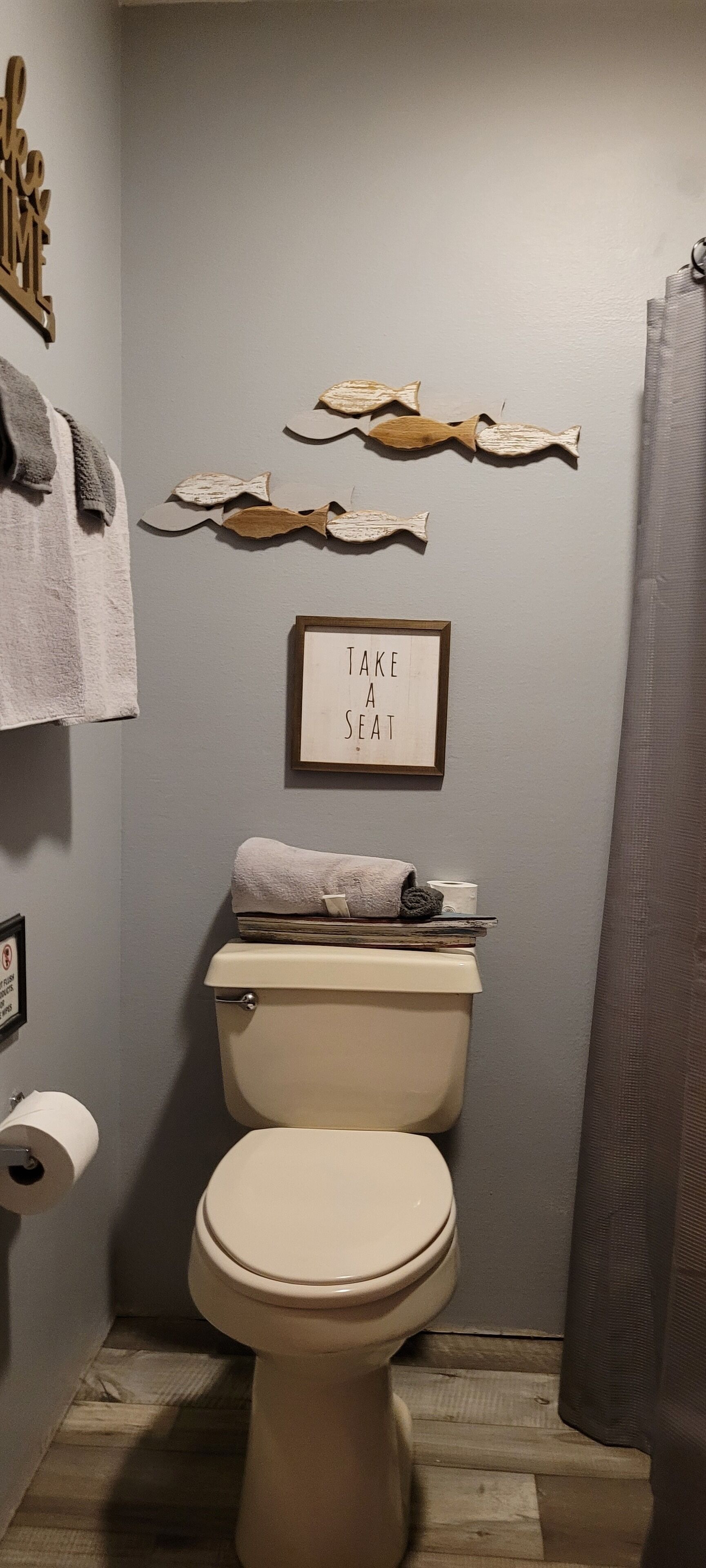 Shower, towels, soap, toilet paper