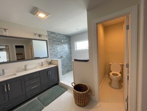 Bathtub, hair dryer, towels, toilet paper