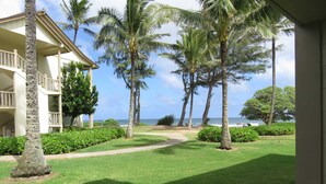 Een hotel met een overdekt terras, palmbomen en uitzicht op de oceaan.