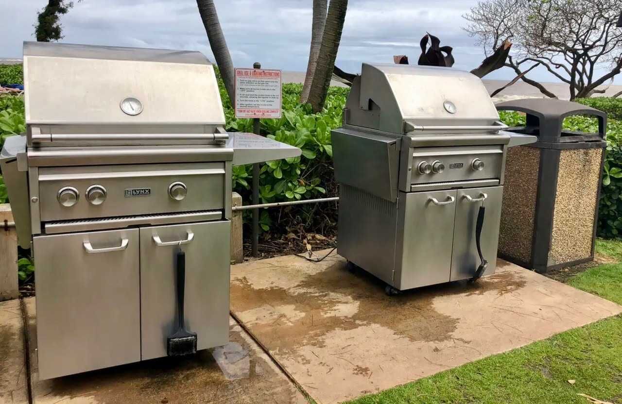 Deux barbecues en acier inoxydable, dotés de boutons de contrôle et d’une hotte d’extraction, sont installés sur une surface en béton, avec une zone herbeuse et des arbres en arrière-plan.