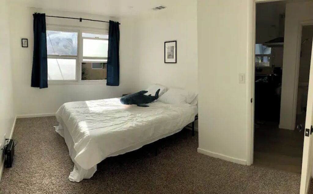 A bedroom with a single bed, a window with curtains, a framed picture on the wall, and a door leading to a kitchen.