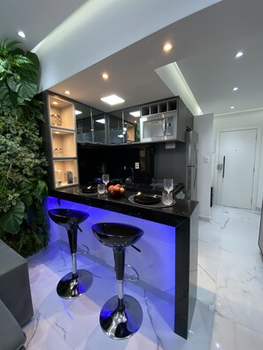 Fridge, microwave, coffee/tea maker, toaster