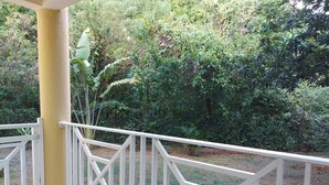 Un balcón con barandillas blancas que da a un jardín con diversas plantas y árboles.