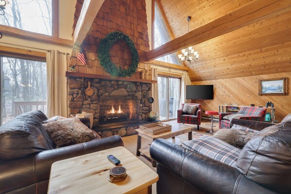 Smart TV, fireplace, video games, DVD player