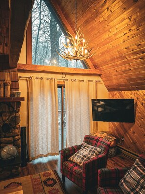 Smart TV, fireplace, video games, DVD player