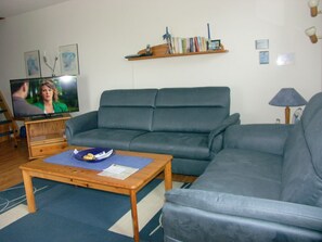 Un salon comprenant un canapé, une table basse, un téléviseur et une bibliothèque.