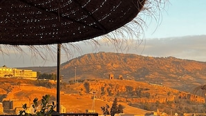 A balcony with a thatched umbrella, potted plants, and a view of a hilly landscape. - RIAD ABQARI YOUSSEFI (Fes)