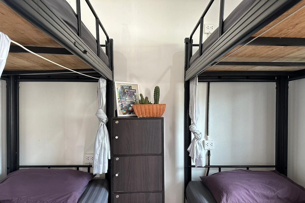 Una habitación compacta con dos literas, un aparador central y una pequeña planta en maceta sobre el aparador.
