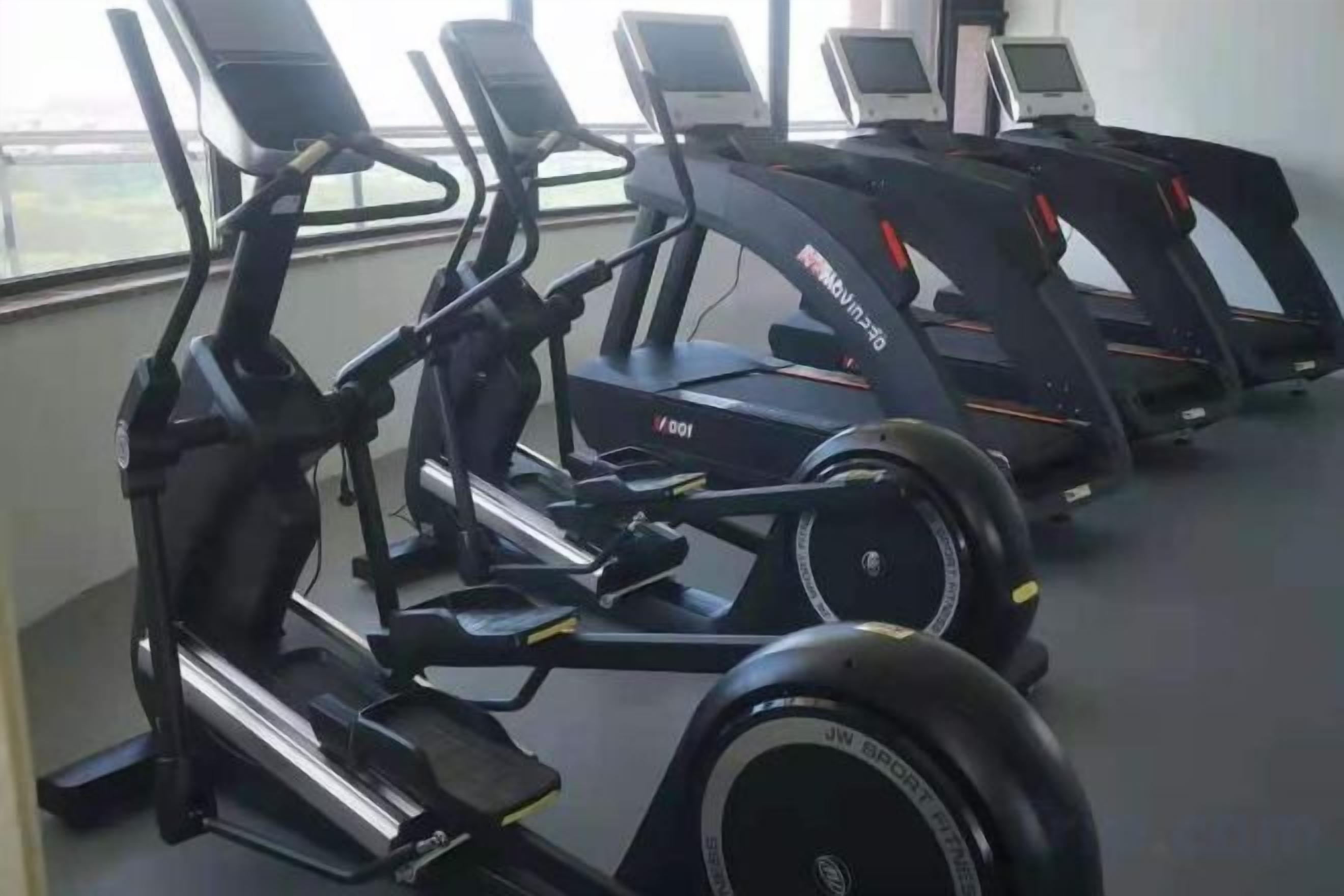 Een rij stilstaande fietsen in een sportschool met uitzicht door een raam.