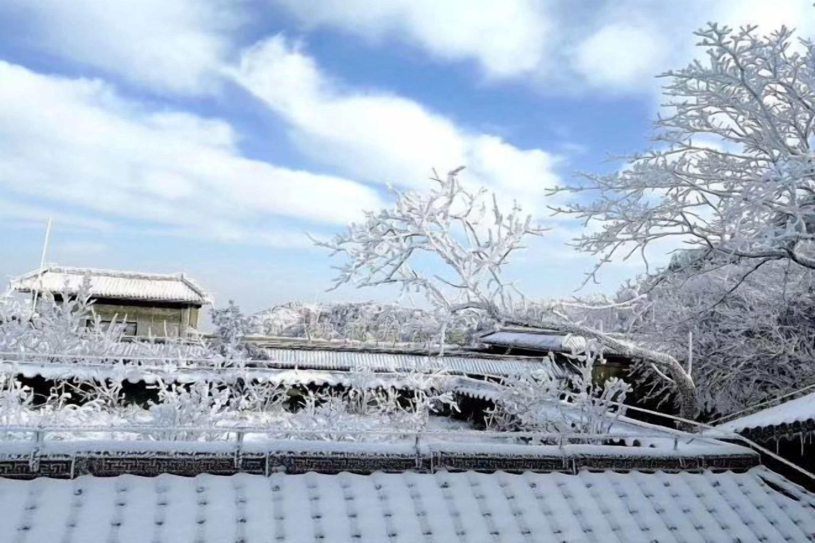 A traditional building with a tiled roof, surrounded by snow-covered trees and structures.