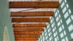 A corridor with a wooden ceiling, light blue walls, and a potted plant with pink flowers. - Balcones 5BR Villa | Weddings | Stunning Views (San Miguel de Allende)