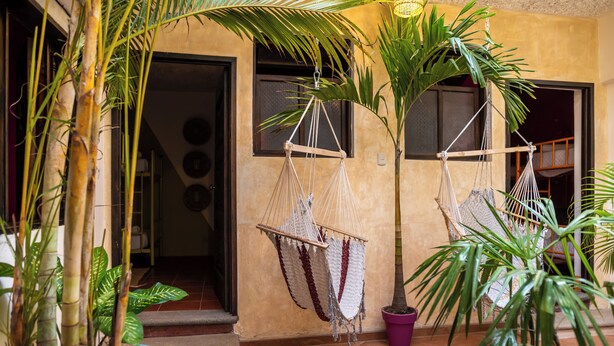 Un patio con hamacas colgantes, plantas en macetas y piso de baldosas.