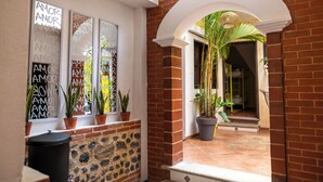 Un pasillo con paredes de ladrillo, plantas en macetas, un cubo de basura y una puerta que da a una habitación.