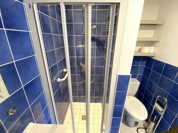 A bathroom with blue tiles, a glass shower enclosure, a toilet, and a sink. - Charming Apartment with WIFI, Terrace and Parking near Perros-Guirec Marina (Perros-Guirec)