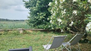 Ein Garten mit zwei Metallstühlen und einem Korbstuhl, umgeben von Grünpflanzen und einer Steinmauer.