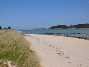 Een zandstrand met helderblauw water, een grasduin en een bebost eiland in de verte.