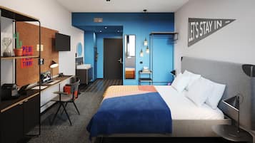 Roupas de cama premium, cofres nos quartos, escrivaninha