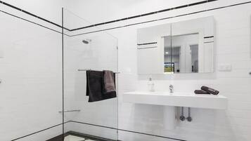 Shower, free toiletries, hair dryer