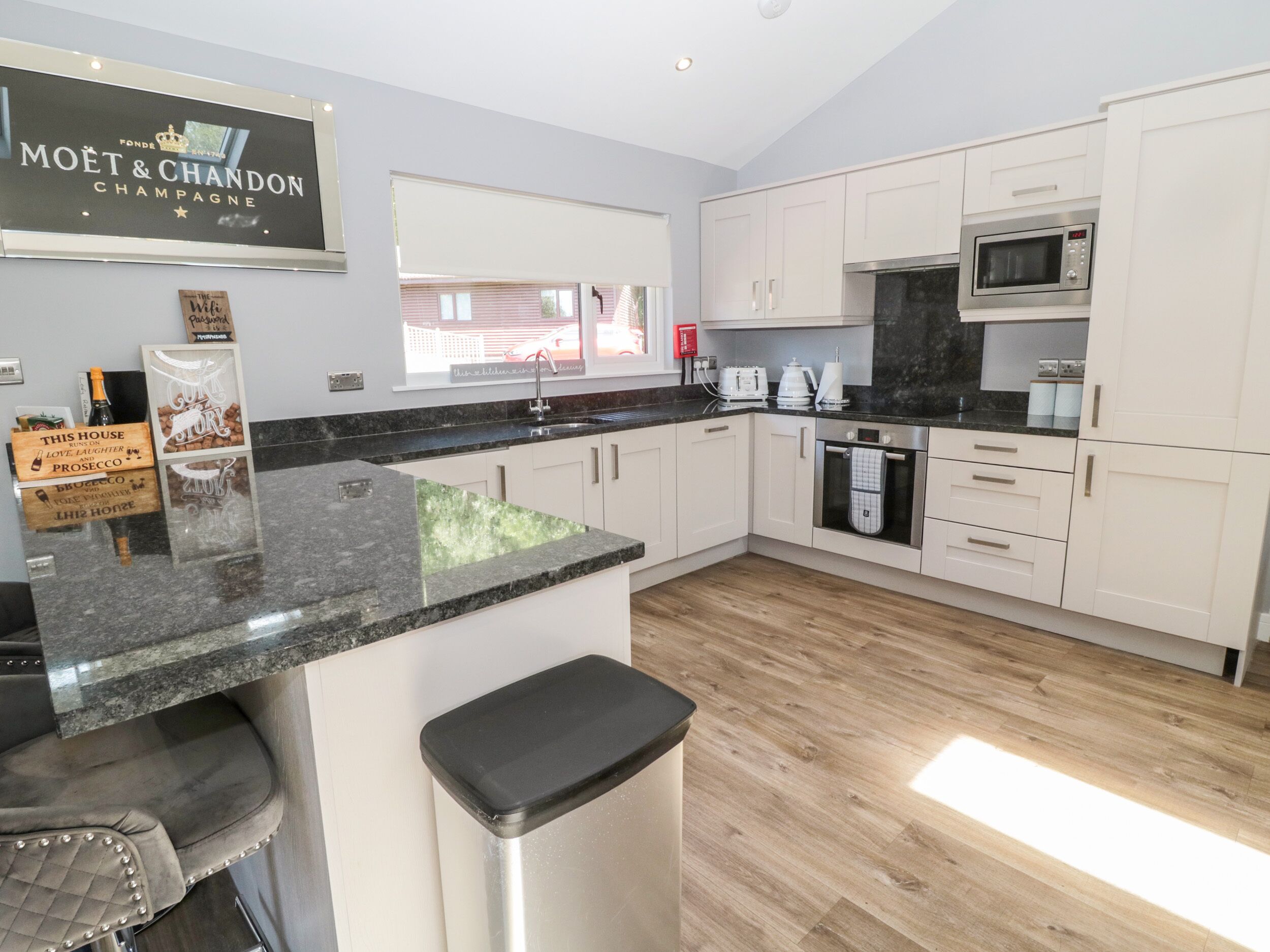 Fridge, dishwasher, electric kettle, toaster