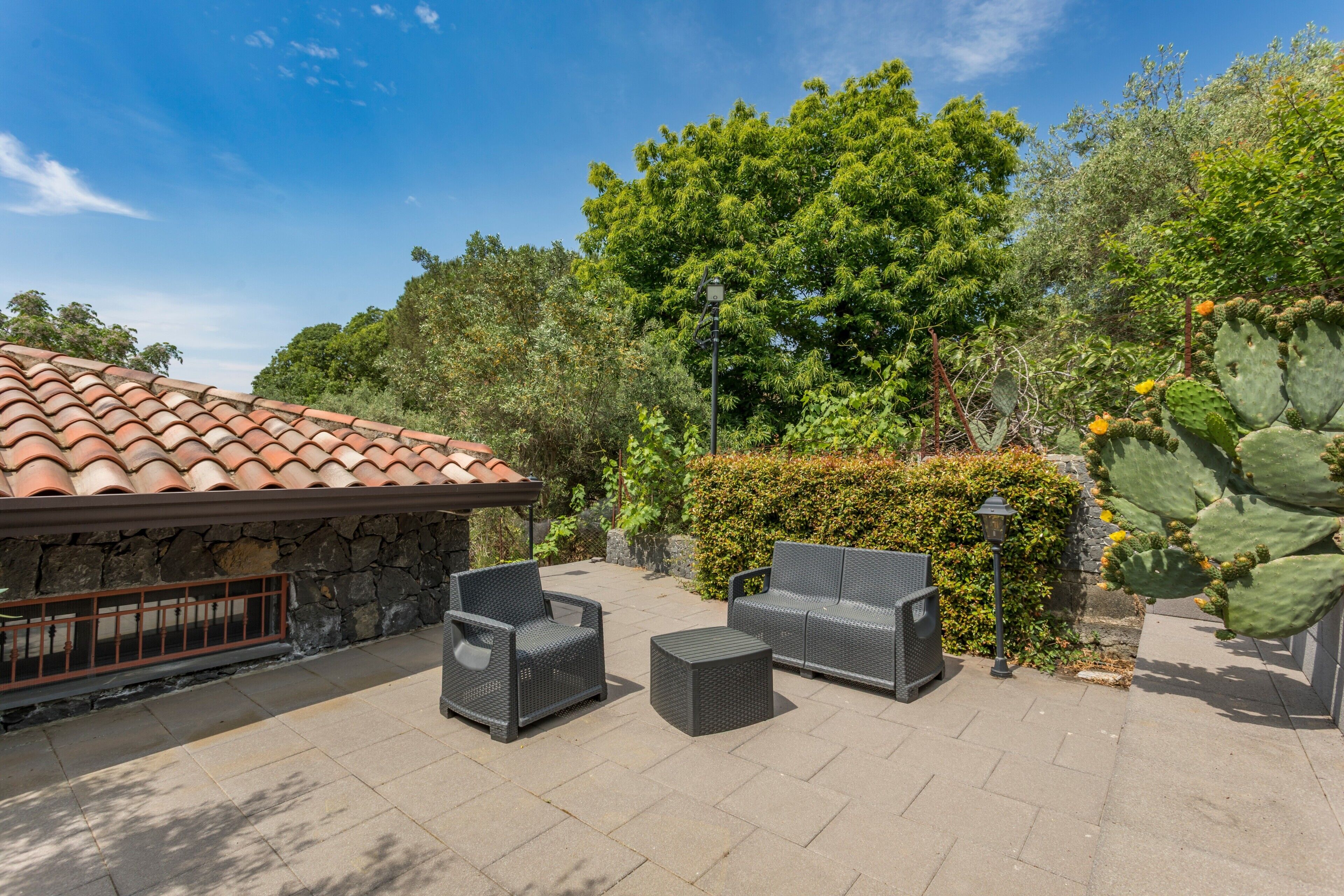 Une terrasse extérieure avec deux fauteuils en osier et une petite table, entourée de verdure et d’un cactus.