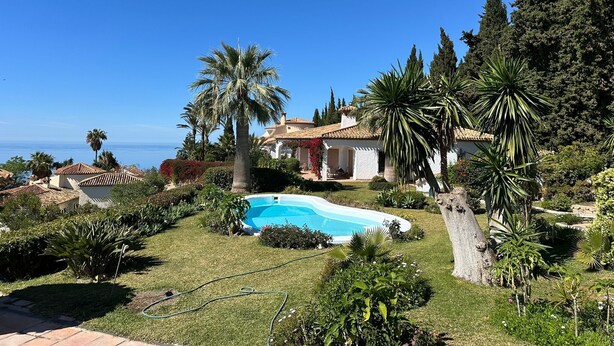 A residential property with a swimming pool, palm trees, and a view of the sea.