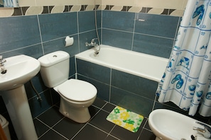 Bathtub, bidet, towels, toilet paper