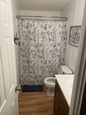Duschwanne, Haartrockner, Handtücher, Toilettenpapier