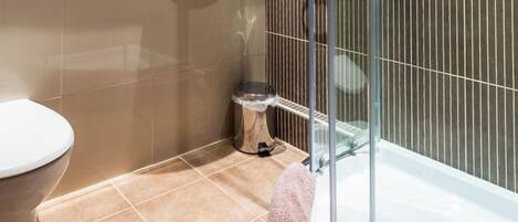 A modern bathroom with a glass shower enclosure, a sink, and a toilet.