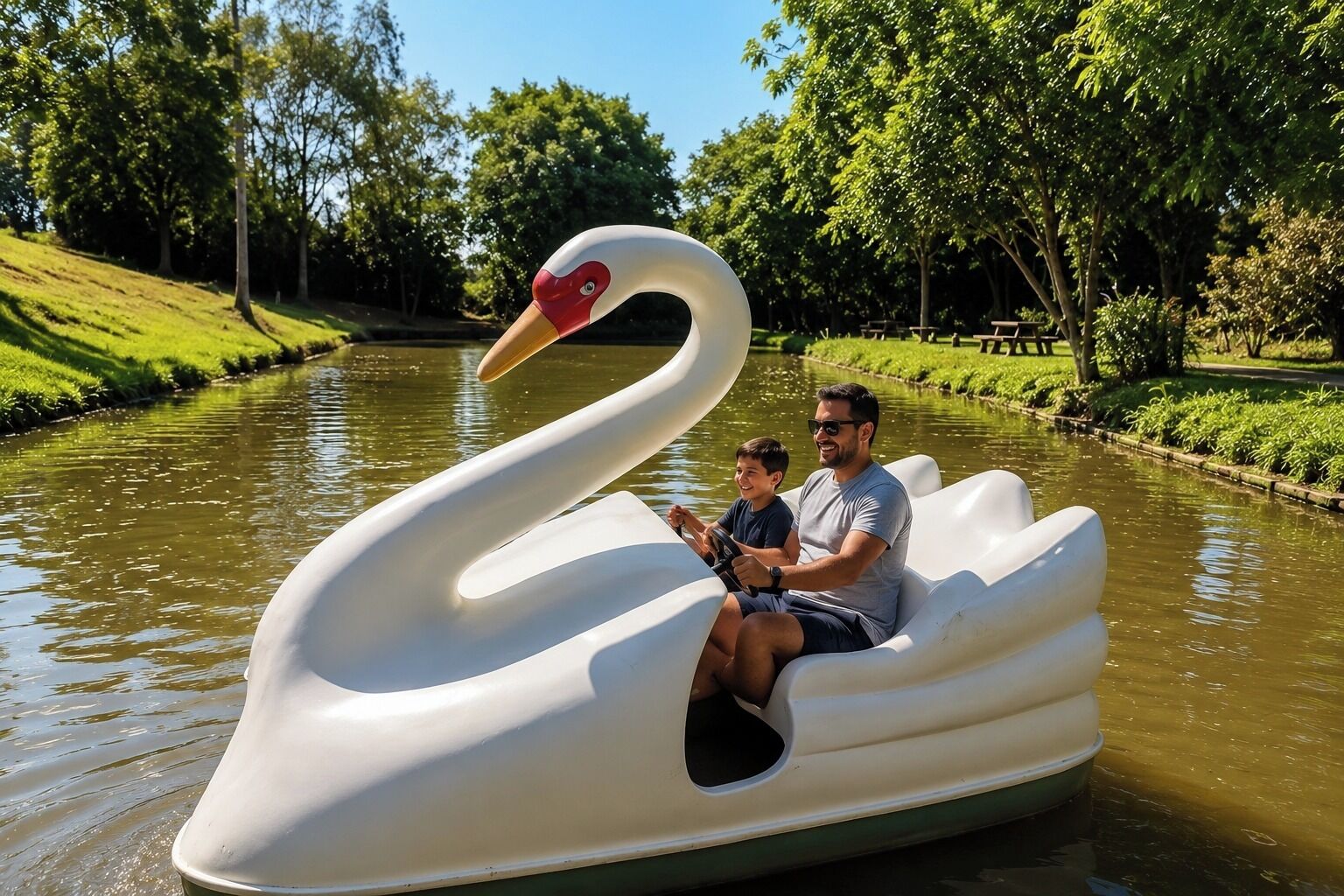 A swan-shaped boat with a person and a child on it, moving on a calm water body surrounded by greenery.
