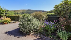 A rural driveway leading to a house with a view of green hills and a clear sky. - Cam O'r Fechan Annexe (Llangollen)