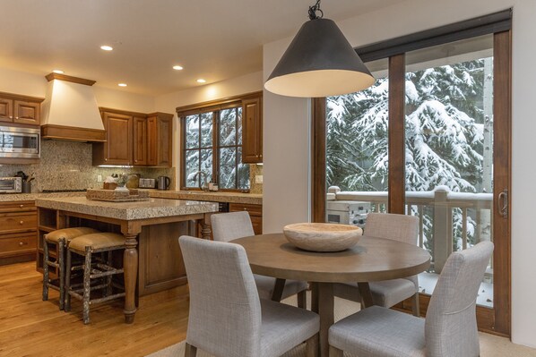 Fridge, stovetop, dishwasher, coffee/tea maker