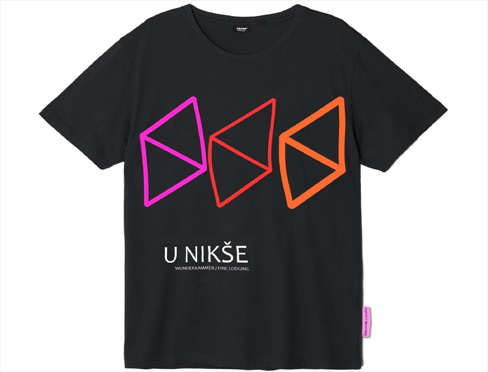 A black t-shirt with geometric shapes and text.