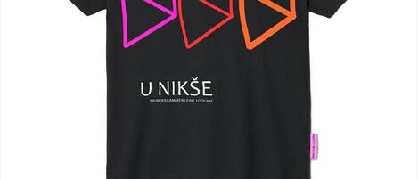 A black t-shirt with geometric shapes and text.