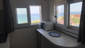 Uma cozinha compacta com micro-ondas, uma pia pequena e uma janela com vista para o mar.