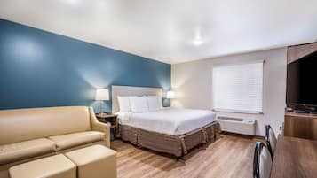 Desk, laptop workspace, free WiFi, bed sheets