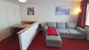 Ein kompakter Wohnbereich mit Küchenzeile, einem grauen Sofa, einer roten Decke und zwei an der Wand befestigten Bildern.