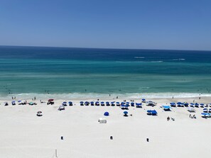 On the beach, sun loungers
