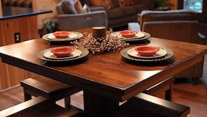 A dining table set with plates and a centerpiece, surrounded by chairs.