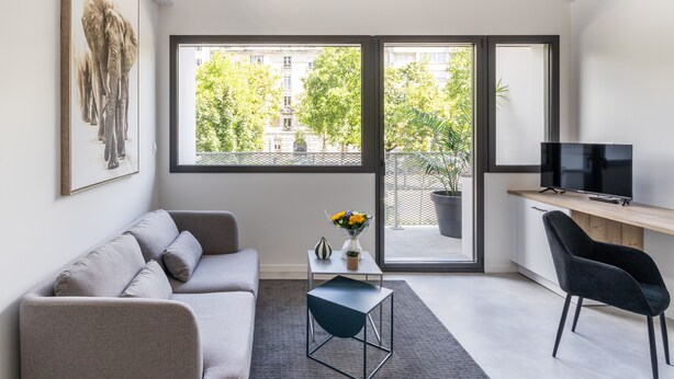 A modern living room with a grey sofa, a small table with a vase of flowers, a black chair, and a TV on a wooden shelf. - Houat - Appartement 2p avec balcon à Rennes (Rennes)